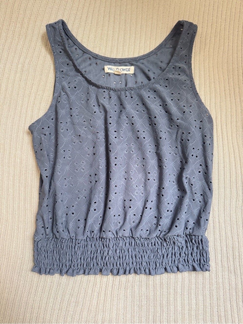 Wallflower Women's Blue Eyelet Smocked Hem Scoop Neck Tank Top Size L